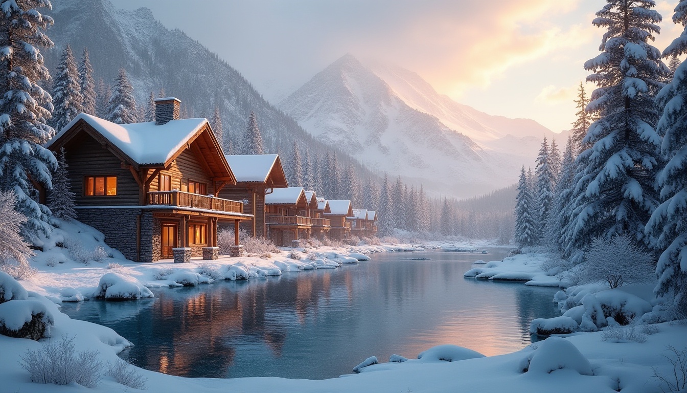 Prompt: Snow-capped mountains, frosty mornings, wooden ski lodges, rustic cabins, warm fireplaces, cozy atmosphere, earthy tones, natural wood textures, stone walls, frozen lakes, snowflakes, icy blues, crisp whites, warm beiges, rich browns, golden sunsets, soft misty lighting, shallow depth of field, 2/3 composition, atmospheric perspective, realistic snow effects, ambient occlusion.