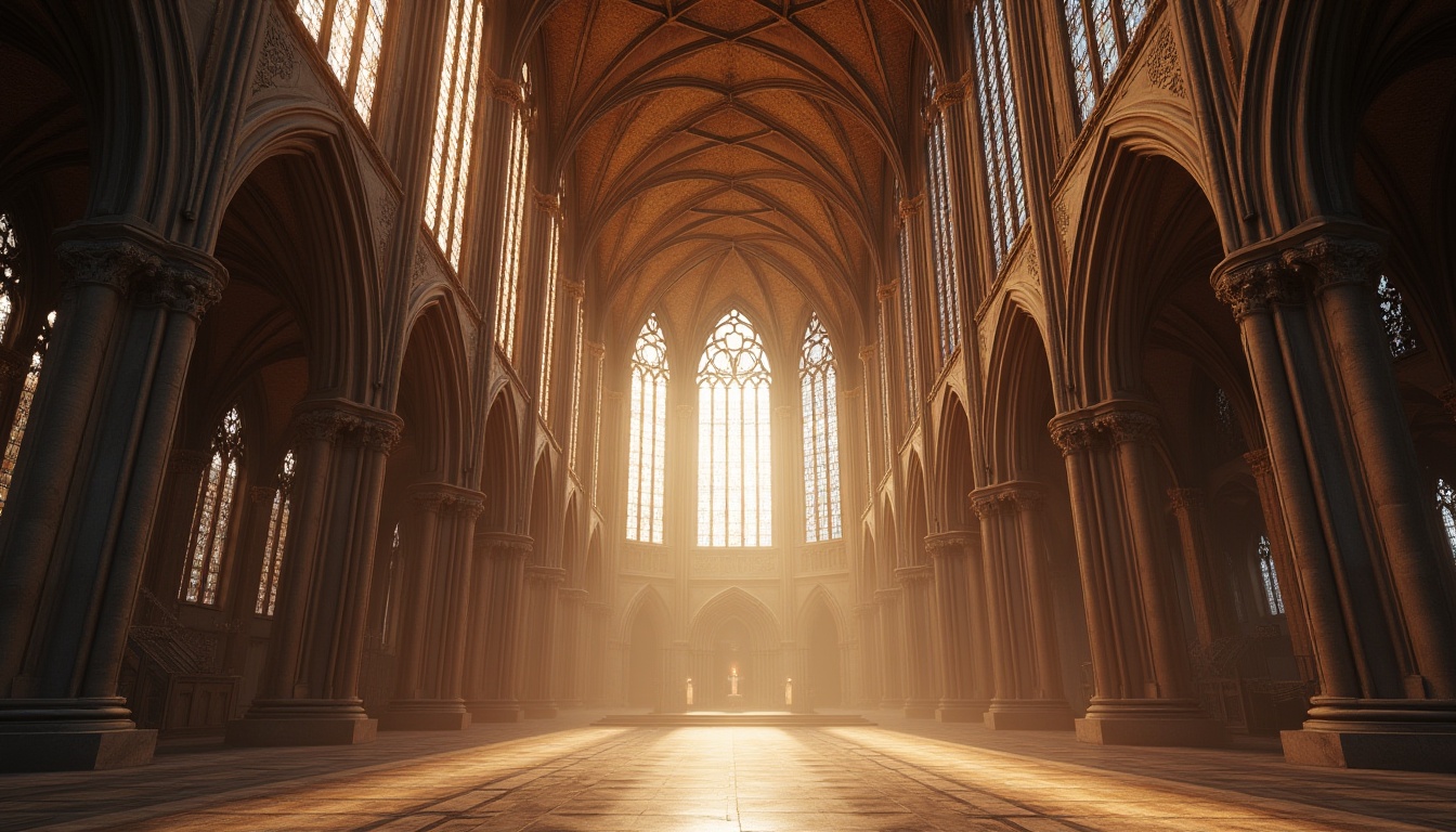 Prompt: Grand cathedral, vaulted ceilings, ribbed arches, stunning stained glass windows, intricate stone carvings, ornate pinnacles, soaring verticality, dramatic light pouring in, richly textured walls, polished marble floors, mystical ambiance, warm golden lighting, soft focus, 1/1 composition, symmetrical framing, atmospheric fog effect.