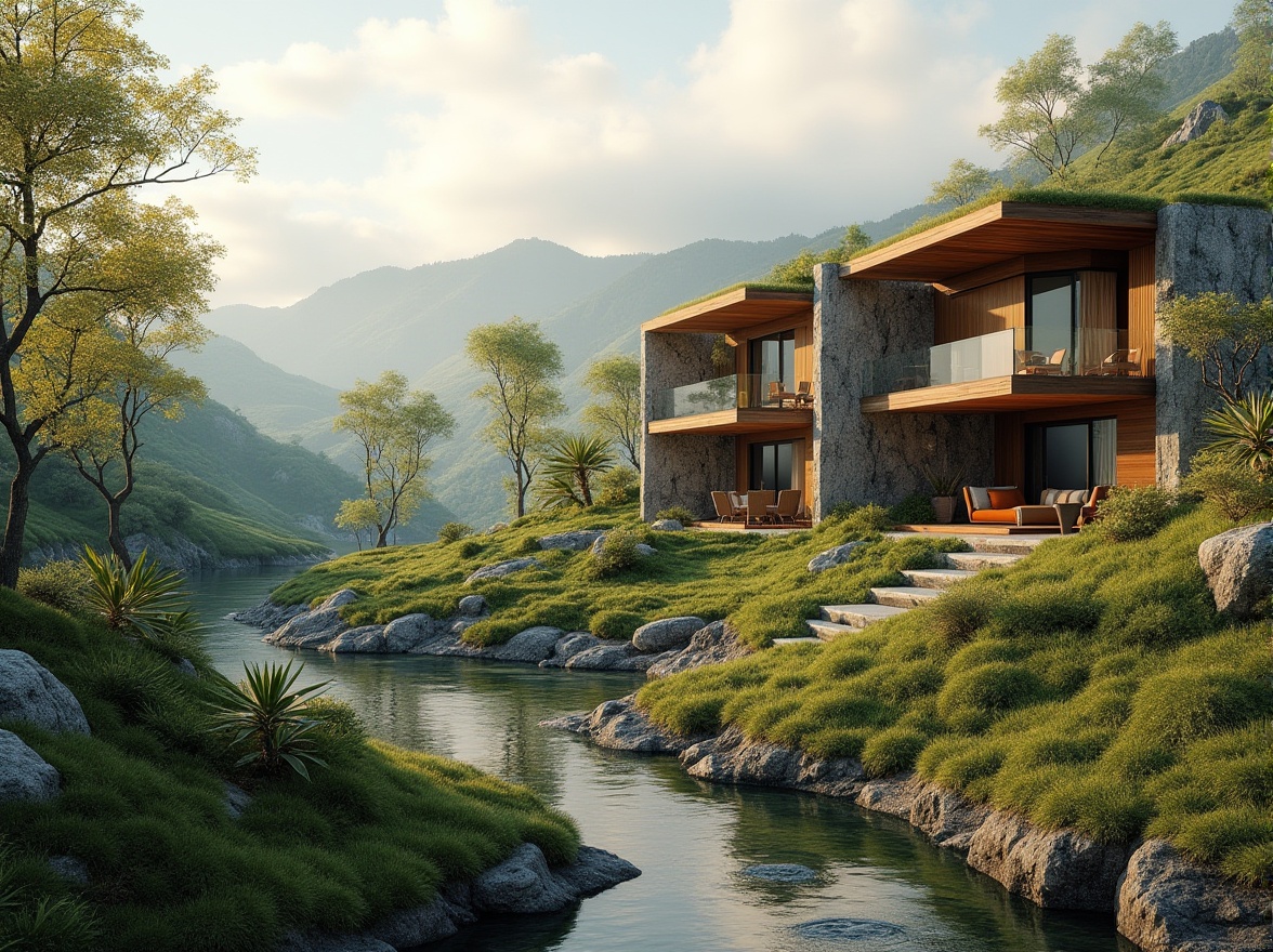 Prompt: Harmonious landscape integration, rolling hills, lush greenery, serene water features, meandering pathways, native plant species, natural stone walls, weathered wood accents, modern architectural design, cantilevered structures, floor-to-ceiling windows, sliding glass doors, panoramic views, seamless indoor-outdoor transitions, organic forms, earthy color palette, warm soft lighting, atmospheric mist, 3/4 composition, realistic textures, ambient occlusion.