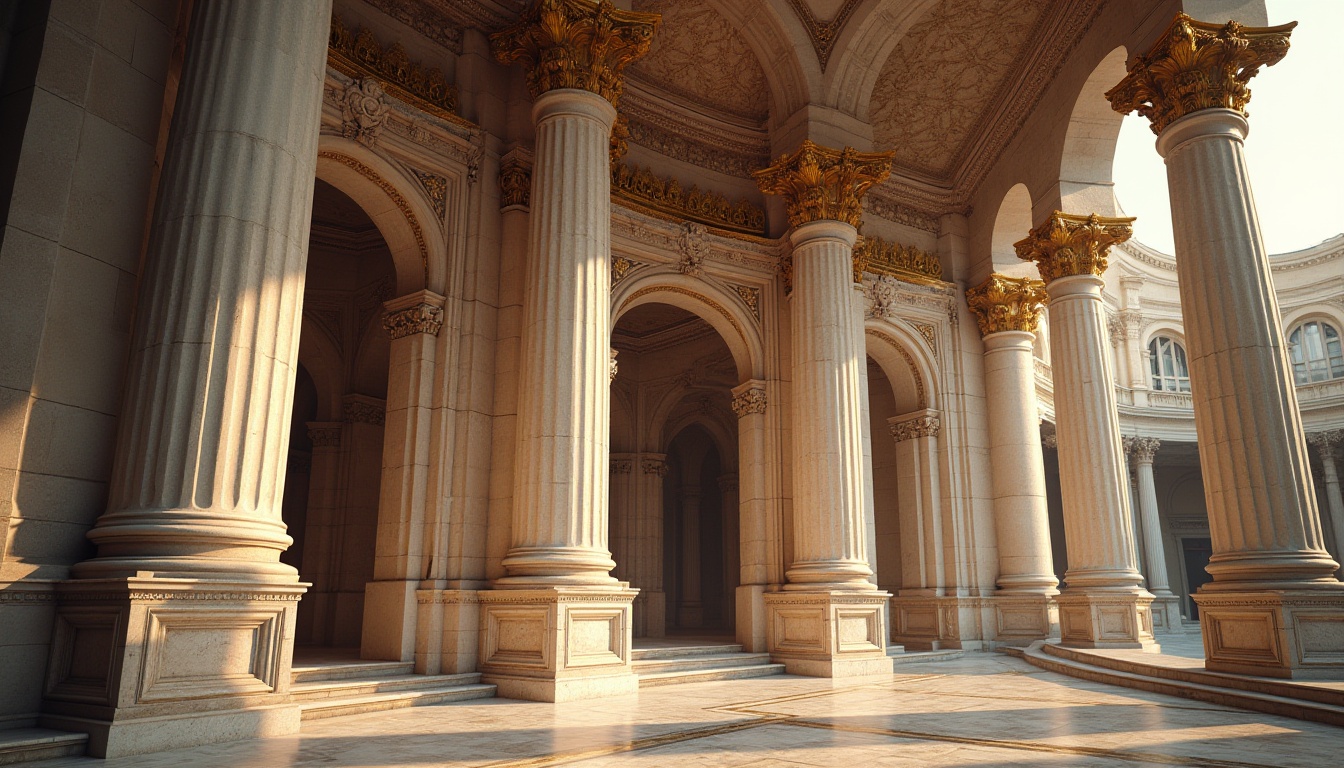 Prompt: Grandiose column, ornate capital, carved acanthus leaves, sturdy marble base, rusticated stone, Renaissance-inspired architecture, grand monumental scale, symmetrical composition, dramatic arches, intricate carvings, golden ornaments, warm sunny lighting, soft shadows, 1/1 composition, realistic textures, ambient occlusion.