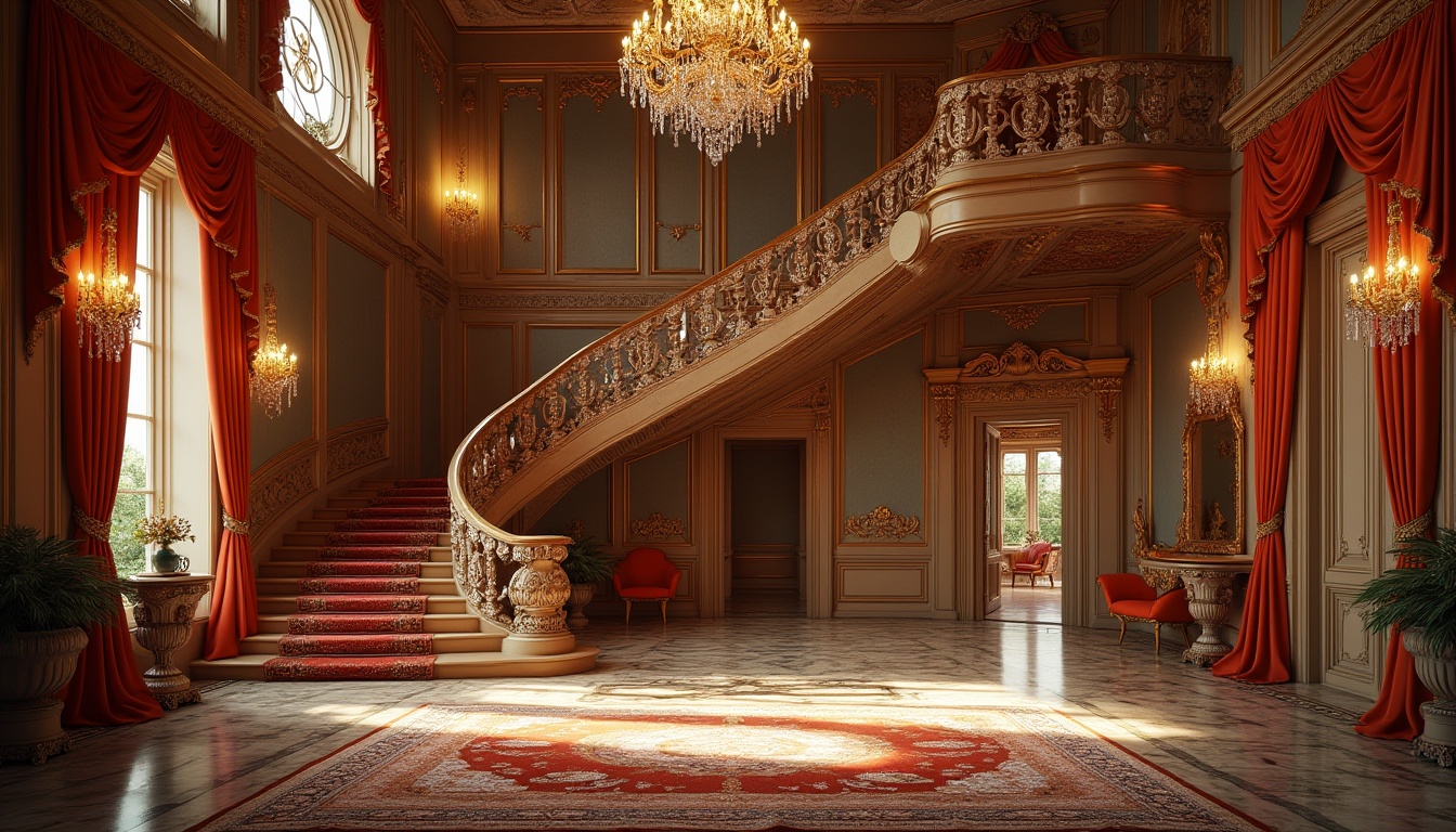 Prompt: Luxurious mansion, grand staircase, ornate balustrades, intricately carved wooden panels, lavish chandeliers, sparkling crystal fixtures, richly patterned rugs, opulent velvet drapes, gilded frame mirrors, decorative ceiling medallions, marble floors, intricate moldings, Baroque-inspired architecture, warm golden lighting, shallow depth of field, 1/2 composition, dramatic shadows, realistic textures.