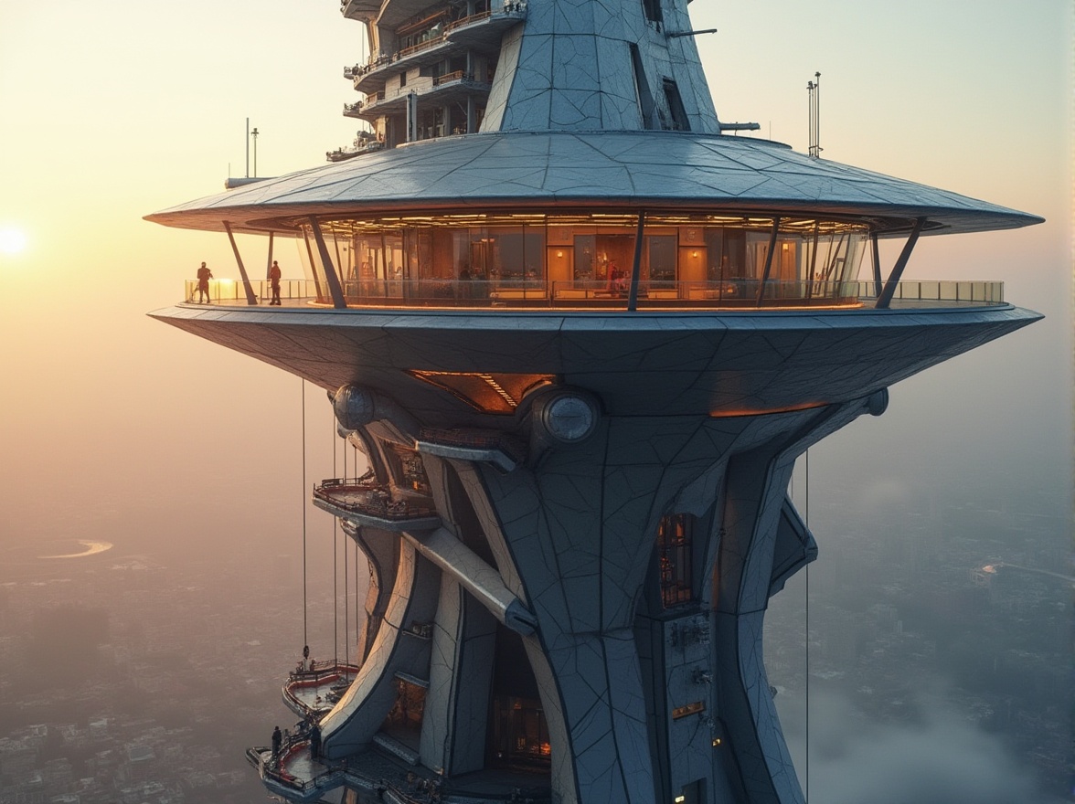 Prompt: Futuristic watchtower, sleek metallic facade, dynamic LED lighting, irregular polygon shapes, cantilevered observation decks, glass floors, panoramic city views, modern surveillance systems, advanced communication equipment, rugged stone foundation, intricate steel framework, geometric patterns, atmospheric mist, warm golden lighting, shallow depth of field, 1/2 composition, realistic textures, ambient occlusion.