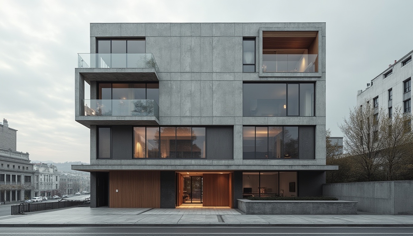 Prompt: Modern building facade, rough concrete texture, smooth glass surfaces, wooden accents, metallic panels, industrial chic aesthetic, urban cityscape, cloudy sky, natural light, shallow depth of field, 3/4 composition, minimalist design, clean lines, monochromatic color scheme, ambient occlusion, realistic rendering.