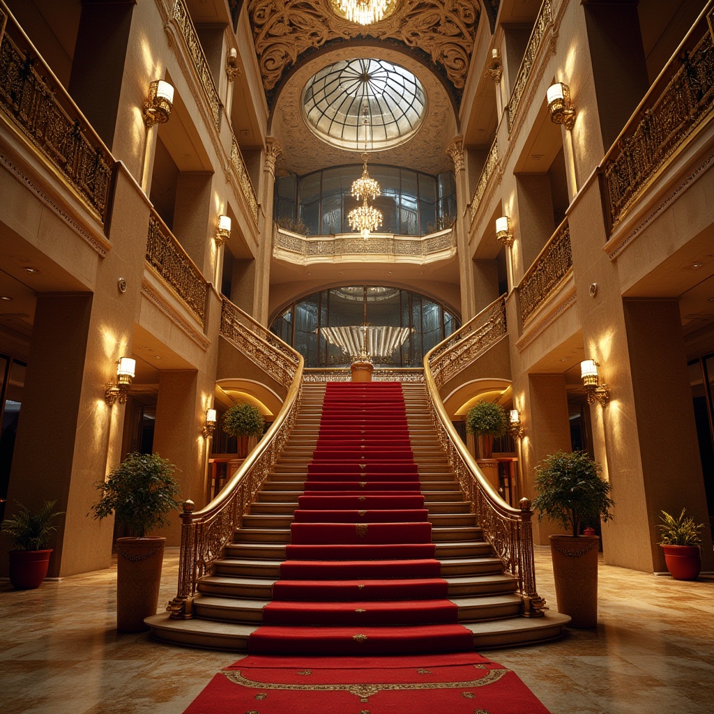 Prompt: Curved grand staircase, ornate gold railings, lavish red carpets, opulent chandeliers, intricate moldings, Art Deco patterns, geometric shapes, metallic accents, sleek lines, modernist flair, minimalist ornamentation, functional simplicity, flowing curves, cantilevered balconies, transparent glass facades, LED light installations, urban cityscape, nighttime illumination, dramatic spotlights, 1-point perspective composition, low-angle shot, cinematic atmosphere, realistic reflections.