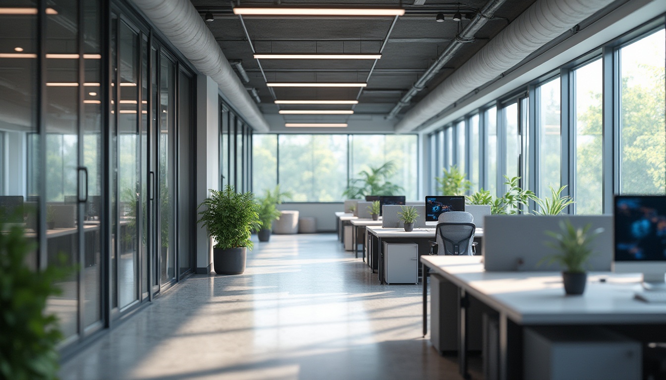 Prompt: Efficient office layout, modular furniture, ergonomic workstations, ample natural light, minimalist decor, sleek metal frames, glass partitions, collaborative open spaces, acoustic ceiling tiles, subtle color schemes, ambient LED lighting, 1/1 composition, shallow depth of field, realistic textures, ambient occlusion.