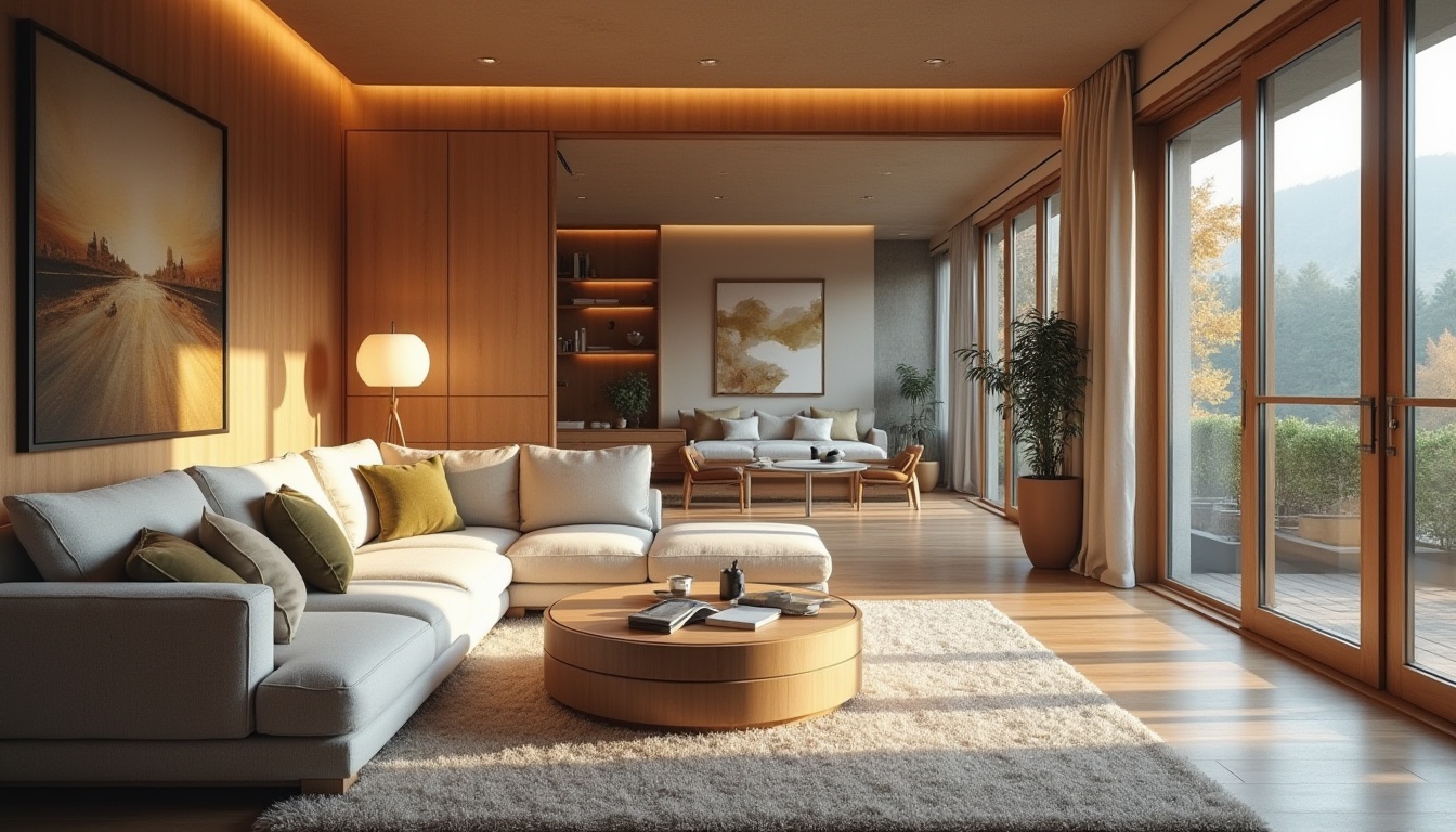 Prompt: Cozy living room, plush sofas, warm lighting, wooden flooring, soft cushions, modern minimalist decor, calm color palette, floor-to-ceiling windows, natural ventilation, sliding glass doors, comfortable reading nooks, ergonomic furniture, acoustic panels, soundproofing materials, relaxing ambiance, peaceful atmosphere, soft carpeting, intimate seating areas, functional storage solutions, clutter-free spaces, harmonious spatial flow, balanced proportions, soothing artwork, warm neutral tones, inviting textures.