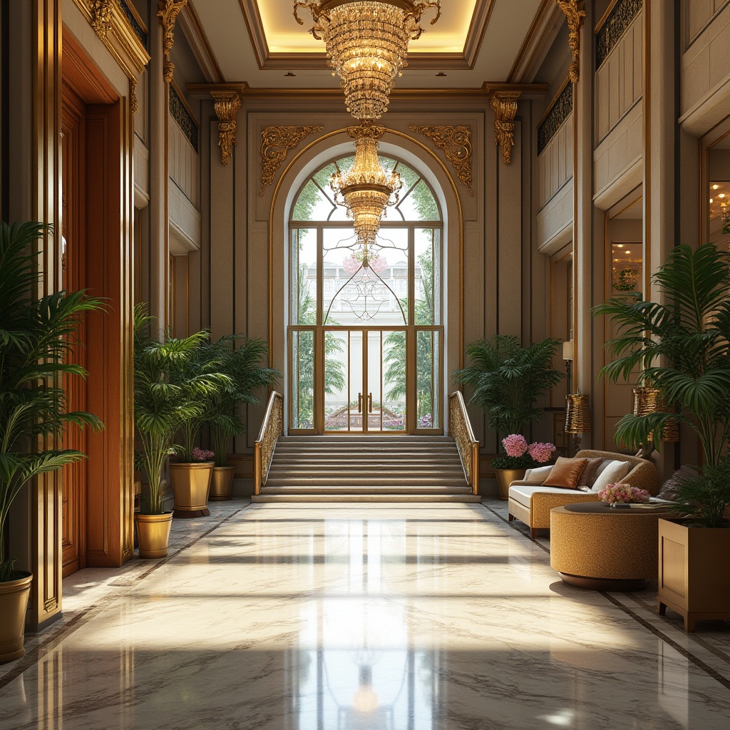 Prompt: Grand entrance gates, ornate metalwork, polished marble floors, high ceilings, chandeliers, sweeping staircases, elegant archways, wooden doors with brass hardware, vibrant flower arrangements, lush green walls, natural stone columns, modern glass facades, automatic sliding doors, spacious lobby areas, comfortable seating areas, warm lighting ambiance, soft background music, 1/1 composition, shallow depth of field, realistic textures, ambient occlusion.