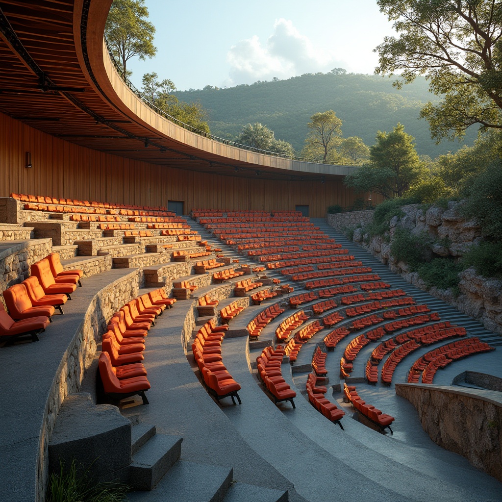 Prompt: Tiered seating, curved rows, amphitheater layout, modern architecture, sleek metal frames, comfortable cushions, vibrant color schemes, stepped platforms, natural stone walls, green roofs, innovative lighting systems, soft warm glow, shallow depth of field, 3/4 composition, panoramic view, realistic textures, ambient occlusion.