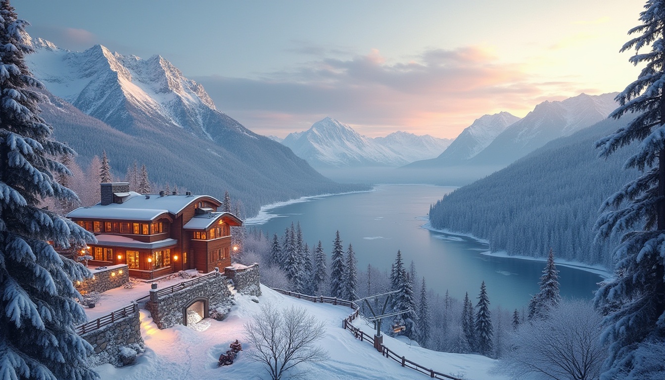 Prompt: Snow-capped mountains, frosty pine trees, icy lakes, wooden ski lodges, rustic cabins, snow-covered roofs, frozen waterfalls, gentle slopes, challenging trails, scenic chairlifts, cozy fireplaces, warm lighting, natural stone walls, reclaimed wood accents, earthy tones, misty mornings, golden sunsets, soft focus, atmospheric perspective, 1/2 composition, cinematic view.