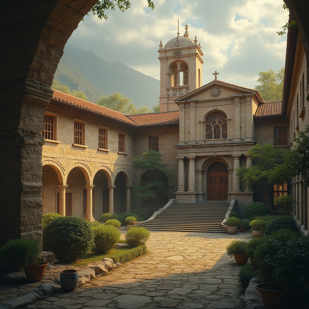 Prompt: Ancient monastery architecture, terracotta roof tiles, rustic stone walls, ornate wooden doors, grand bell towers, tranquil cloisters, lush green courtyards, vibrant stained glass windows, intricate fresco ceilings, warm golden lighting, atmospheric mist, dramatic cloudy skies, 1/1 composition, symmetrical framing, rich textures, subtle ambient occlusion.