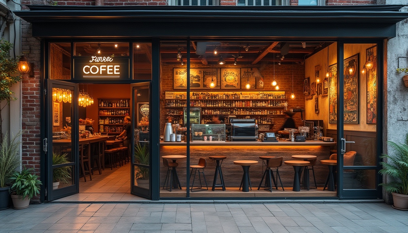 Prompt: Trendy coffee shop facade, industrial chic aesthetic, reclaimed wood accents, metal beams, floor-to-ceiling windows, sliding glass doors, vibrant neon signs, urban street art murals, bustling city atmosphere, morning sunlight, warm cozy lighting, shallow depth of field, 2/3 composition, panoramic view, realistic textures, ambient occlusion.