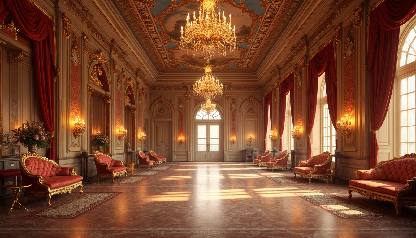 Prompt: Grandiose ballroom, ornate chandeliers, lavish furnishings, rich velvet drapes, intricate wood carvings, gilded mirrors, crystal candelabras, marble floors, opulent tapestries, stately columns, sweeping staircases, majestic archways, dramatic ceiling murals, warm golden lighting, soft focus, 1/1 composition, ornate moldings, luxurious fabrics, antique furniture pieces, European-inspired decor.