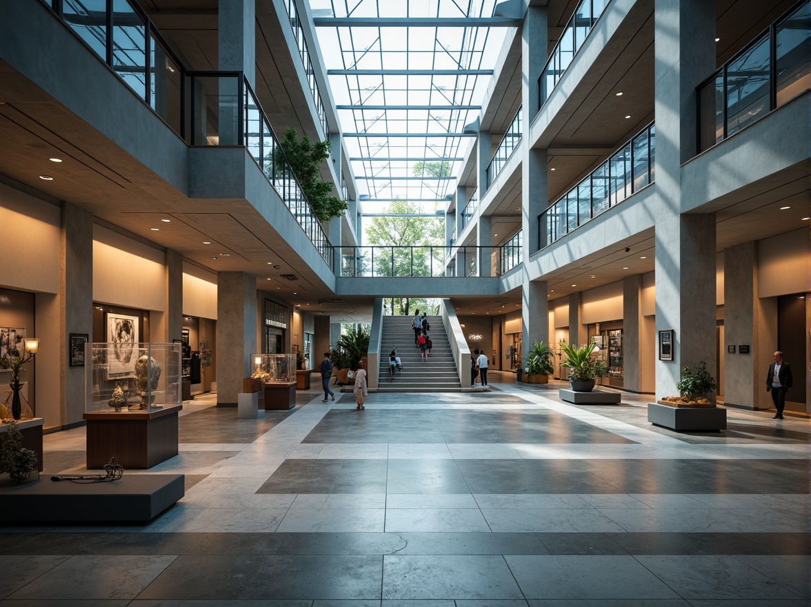 Prompt: Grand museum atrium, high ceilings, natural light pouring in, marble floors, elegant staircases, spacious exhibition halls, interactive display cases, informative signage, artifact pedestals, subtle ambient lighting, dramatic spotlights, 3/4 composition, shallow depth of field, panoramic view, realistic textures, ambient occlusion, modern minimalist architecture, sleek glass walls, steel beams, polished concrete floors, dynamic circulation paths, flexible modular design, accessible ramps, comfortable seating areas, quiet contemplative zones.