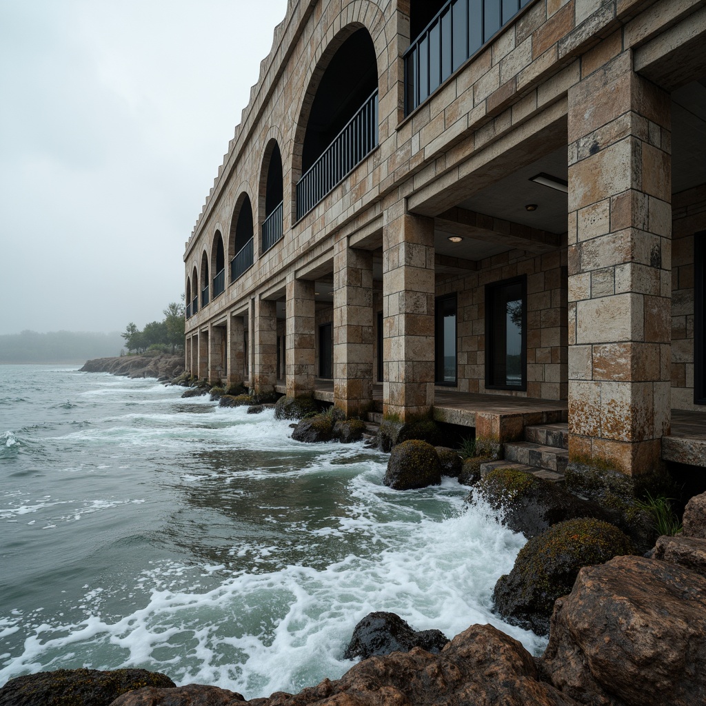 Prompt: Rugged coastal scenery, weathered stone walls, textured brick facades, sturdy arches, robust columns, salt-resistant materials, wave-crashing sounds, sea-salt air, harsh oceanic climate, durable concrete foundations, reinforced steel frames, rust-proof metal cladding, overlapping tile roofs, drainage systems, erosion-control measures, beachside promenades, tidal zone architecture, natural disaster resilience, sustainable building practices, environmentally conscious design, 1/1 composition, dramatic chiaroscuro lighting, misty oceanic atmosphere.