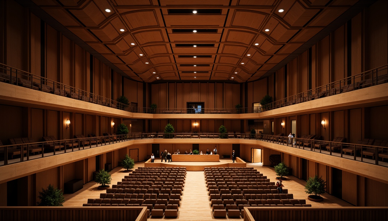 Prompt: Intimate concert hall, wooden flooring, sound-absorbing panels, curved ceiling, optimal speaker placement, premium audio equipment, plush seating, dimmed lighting, warm ambiance, 3/4 composition, shallow depth of field, panoramic view, realistic textures, ambient occlusion.