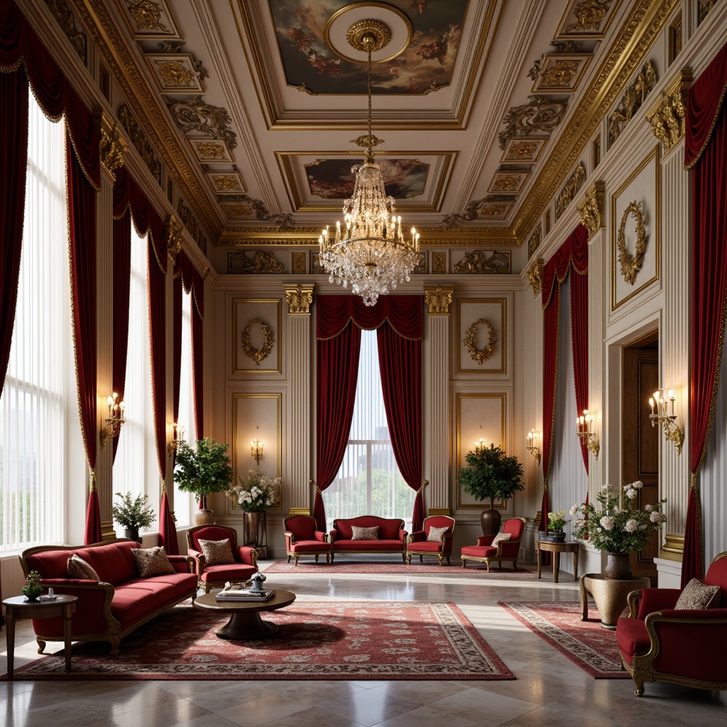 Prompt: Intricate moldings, ornate carvings, grandiose columns, luxurious fabrics, velvet drapes, golden accents, crystal chandeliers, marble floors, fresco ceilings, stately furniture, regal upholstery, lavish textiles, rich patterns, symmetrical compositions, warm soft lighting, shallow depth of field, 1/1 composition, realistic textures, ambient occlusion.