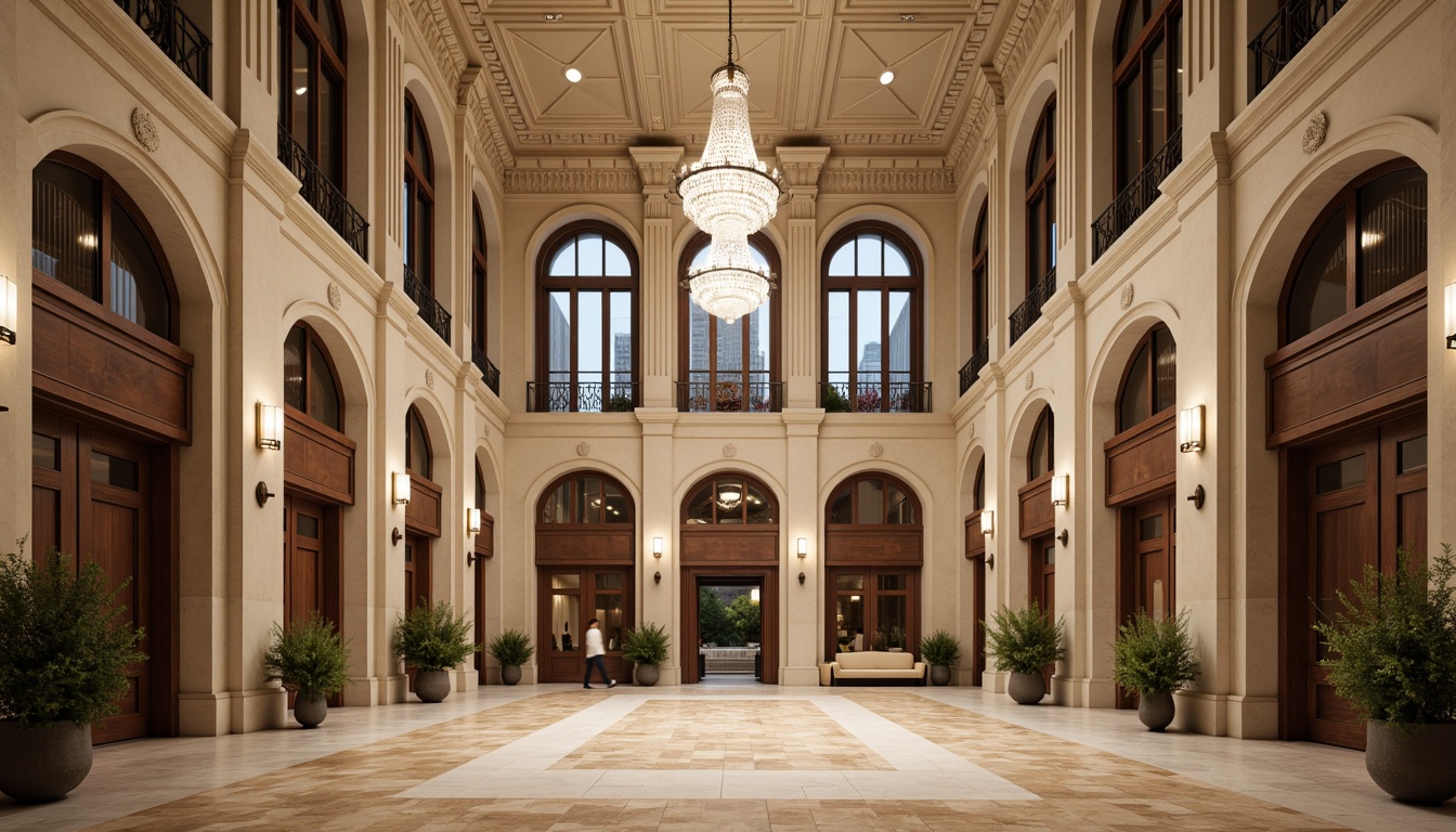 Prompt: Grandiose office building, neoclassical architecture, ornate columns, intricate carvings, symmetrical facade, limestone walls, large windows, arched entrances, bronze door handles, luxurious lobby, marble floors, crystal chandeliers, rich wood paneling, subtle lighting, warm beige color scheme, elegant furnishings, classic typography, professional atmosphere, shallow depth of field, 2/3 composition, realistic textures, ambient occlusion.