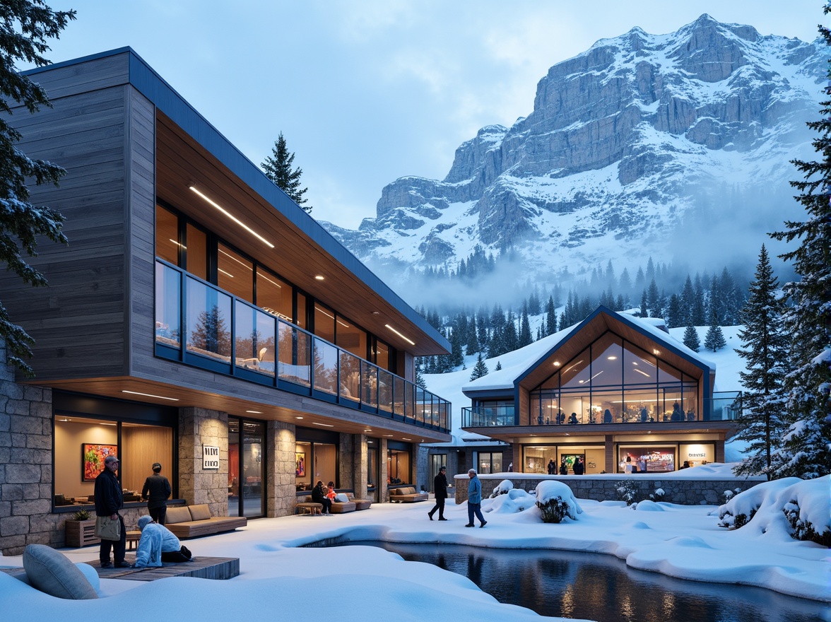 Prompt: Snow-capped mountains, frozen lakes, wooden ski chalets, modern ski centers, sleek glass facades, angular metal frames, dynamic LED lighting, icy blue tones, frosty morning mist, snowy pine trees, rustic wooden textures, stone walls, cantilevered rooflines, dramatic overhangs, panoramic views, minimalist interior design, functional simplicity, cozy fireplaces, warm wooden accents, comfortable seating areas, dynamic staircases, futuristic elevator systems, modern ski equipment displays, neon-lit signage, icy glass railings, frosty metal handrails.