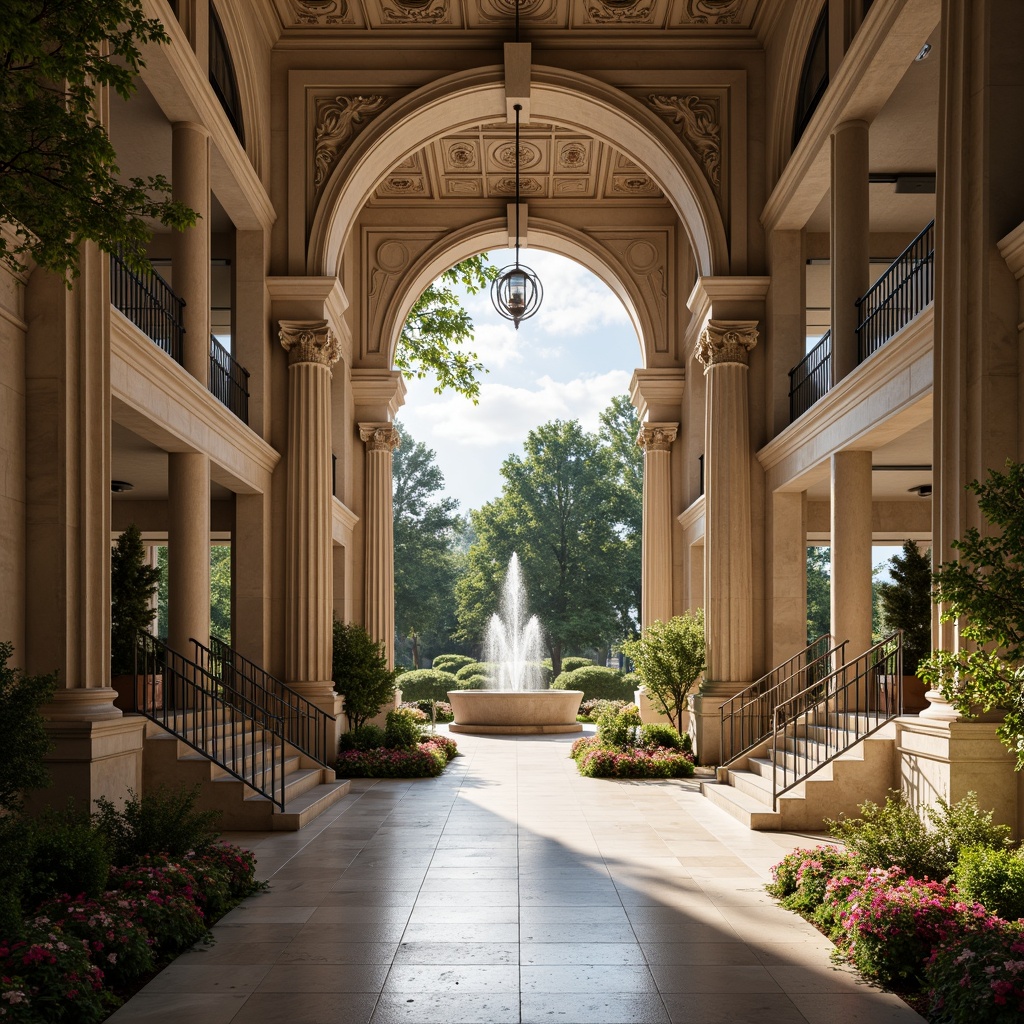 Prompt: Grand archway entrance, ornate stone carvings, majestic columns, intricate ironwork details, symmetrical architecture, lavish fountains, manicured gardens, vibrant blooming flowers, soft natural lighting, warm inviting ambiance, elegant staircases, marble floors, refined luxurious materials, sophisticated color palette, serene peaceful atmosphere, shallow depth of field, 1/2 composition, realistic textures, ambient occlusion.