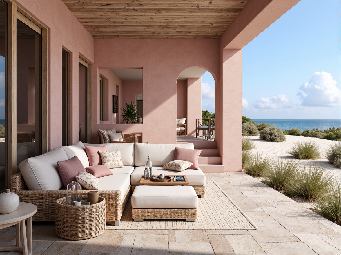 Prompt: \Mauve-hued coastal villas, driftwood accents, sea-salt weathered walls, soft pinkish-beige sand dunes, gentle ocean breezes, warm sunny days, modern minimalist architecture, large windows, sliding glass doors, natural textures, woven wicker furniture, plush mauve cushions, coral-inspired patterns, subtle nautical elements, distressed wood finishes, beachy keystone walkways, serene ocean views, shallow depth of field, 3/4 composition, panoramic view, realistic ambient lighting.\