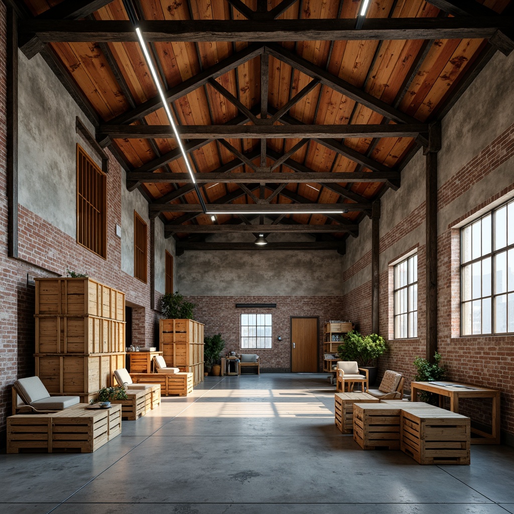 Prompt: Rustic warehouse, exposed brick walls, metal beams, wooden crates, industrial lighting, earthy tones, muted grays, warm beige, rich blues, bold yellows, vibrant reds, distressed textures, rough concrete floors, reclaimed wood accents, natural stone walls, minimalist decor, functional design, open spaces, high ceilings, urban atmosphere, dramatic shadows, soft warm lighting, 1/1 composition, realistic renderings.