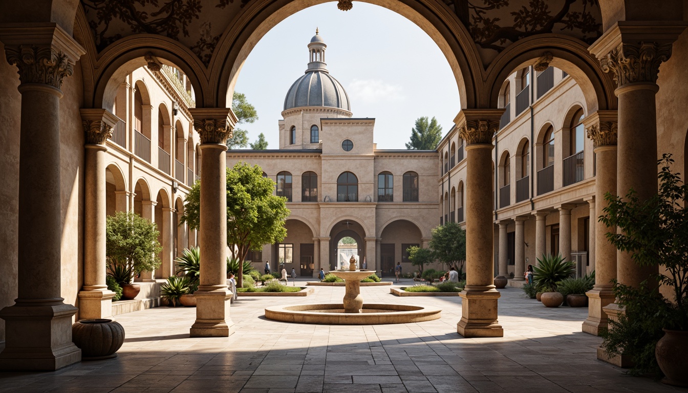 Prompt: Ancient stone columns, ornate capitals, Tuscan orders, rustic arches, grand entranceways, majestic domes, vaulted ceilings, fresco-adorned walls, intricate stucco details, classical proportions, symmetrical facades, imposing statues, ornamental fountains, serene courtyard spaces, warm natural lighting, soft focus blur, atmospheric perspective, 1/1 composition, realistic textures, ambient occlusion.