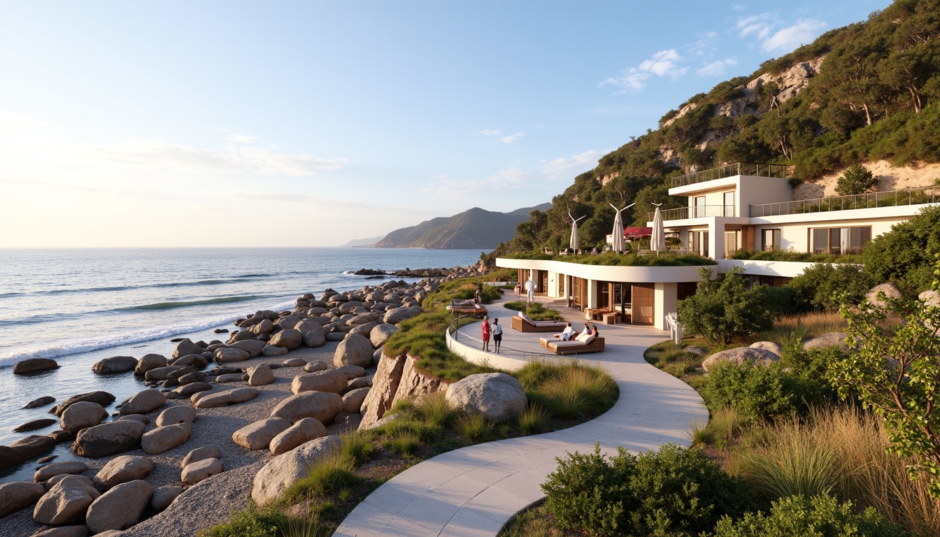 Prompt: Seaside cliffside walkway, rugged rock formations, ocean waves crashing, salty sea air, driftwood sculptures, beachy dunes, native coastal plants, eco-friendly buildings, sustainable materials, green roofs, solar panels, wind turbines, wave-inspired architecture, curved lines, natural stone walls, reclaimed wood accents, ocean-view windows, minimalist interior design, soft warm lighting, shallow depth of field, 3/4 composition, panoramic view, realistic textures, ambient occlusion.