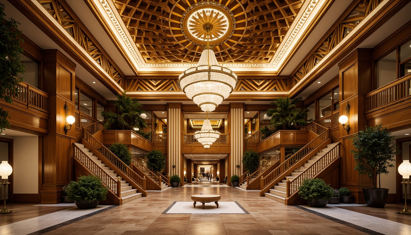 Prompt: Opulent Art Deco building, luxurious materials, metallic accents, ornate geometric patterns, zigzag motifs, chevron designs, sunburst compositions, lavish decorations, grand staircases, crystal chandeliers, polished marble floors, intricate moldings, gilded details, rich textures, warm golden lighting, shallow depth of field, 1/2 composition, symmetrical framing, realistic reflections, ambient occlusion.