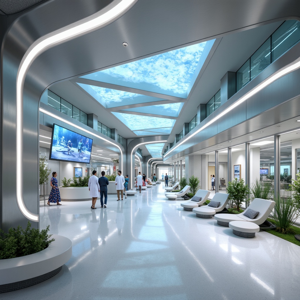 Prompt: Futuristic hospital interior, sleek metal walls, minimalist decor, curved lines, ambient lighting, holographic displays, virtual reality zones, robotic nurses, automated medical equipment, sterile white floors, glass partitions, modular furniture, adjustable LED lighting, natural ventilation systems, green roofs, self-healing materials, 3D printed architectural features, abstract geometric patterns, soft pastel colors, calming ambiance, shallow depth of field, 1/2 composition, realistic textures, cinematic lighting.