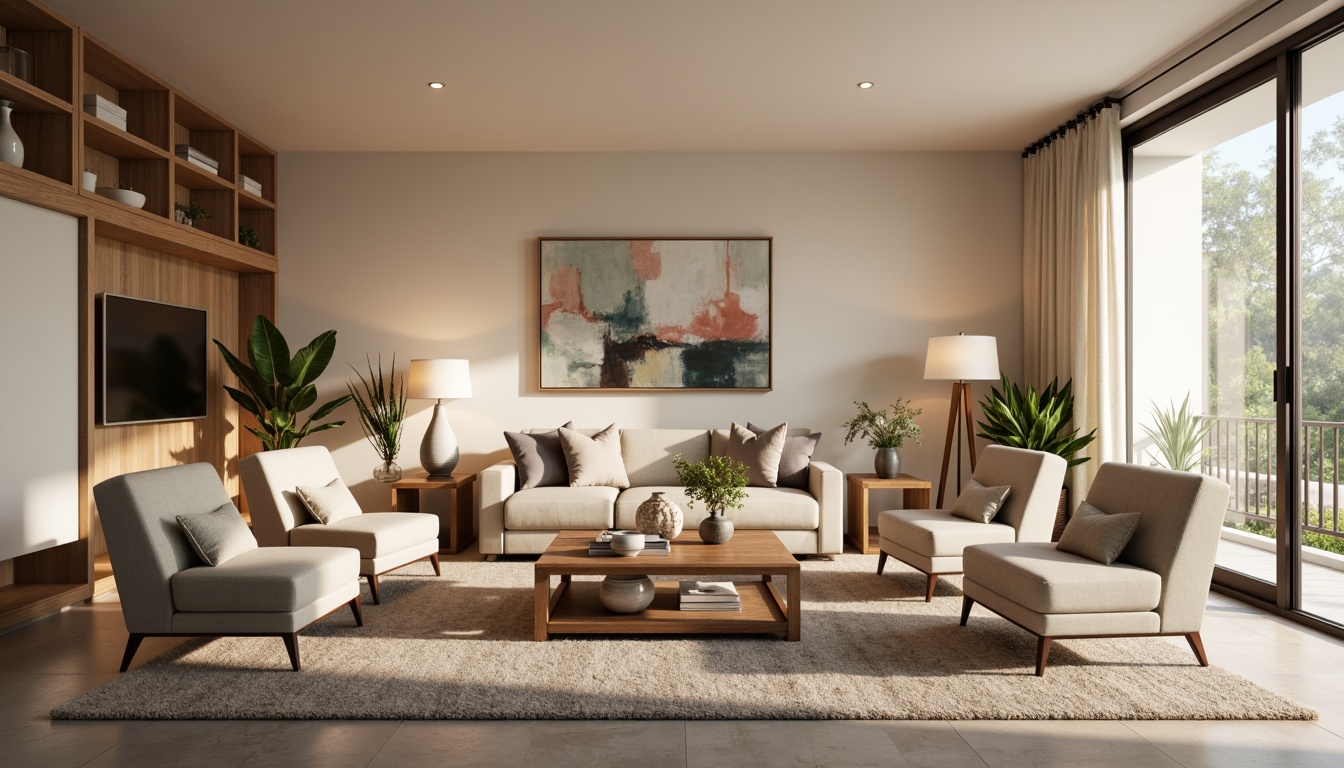 Prompt: Cozy living room, plush carpet, comfortable couch, accent chairs, floor lamps, wooden coffee table, decorative vases, pastel color palette, soft warm lighting, shallow depth of field, 1/1 composition, intimate atmosphere, minimalist decor, functional storage units, wall-mounted shelves, sliding glass doors, natural fiber rugs, calming ambiance, soothing colors.