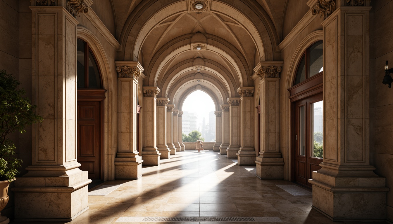 Prompt: Grand archway, ornate stonework, symmetrical columns, elegant entrance, sweeping curves, majestic proportions, luxurious materials, polished marble floors, intricate moldings, soft warm lighting, dramatic shadows, 3/4 composition, panoramic view, realistic textures, ambient occlusion.