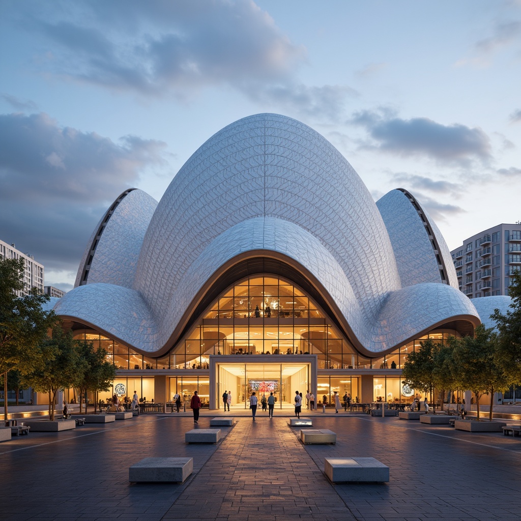 Prompt: Curved coastal opera house facade, oceanfront promenade, sail-inspired rooflines, undulating waves-patterned glass walls, shimmering iridescent tiles, nautical-themed sculptures, LED light installations, warm golden lighting, seaside breeze, salty air, soft misty atmosphere, shallow depth of field, 1/1 composition, symmetrical architecture, modern minimalism, sleek metallic accents, grand entrance, sweeping staircases, panoramic ocean views, realistic reflective surfaces, ambient occlusion.