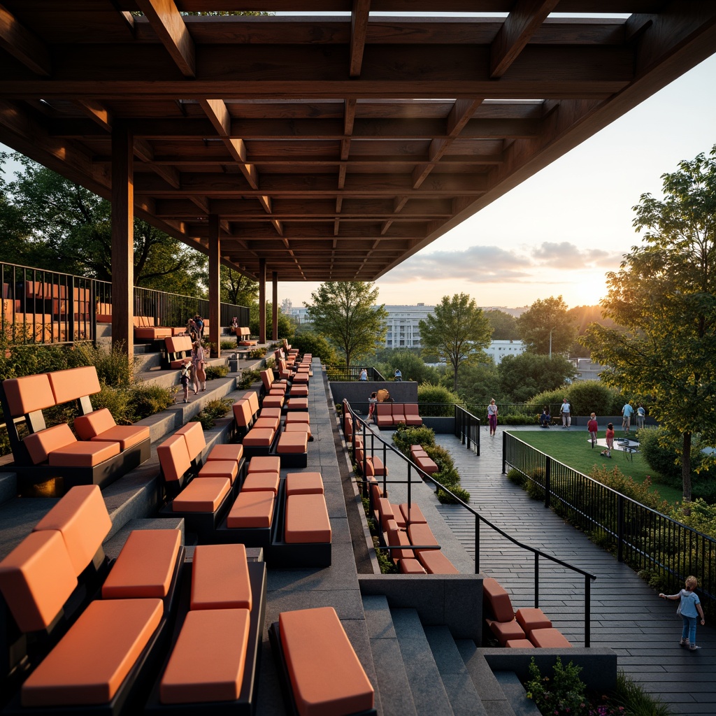 Prompt: Tiered seating, curved rows, comfortable cushions, vibrant color schemes, modern amphitheater design, sleek metal frames, wooden accents, ambient lighting, shallow depth of field, 1/1 composition, realistic textures, soft shadows, warm glow, sunset atmosphere, gentle breeze, open-air setting, lush greenery, surrounding trees, panoramic view.