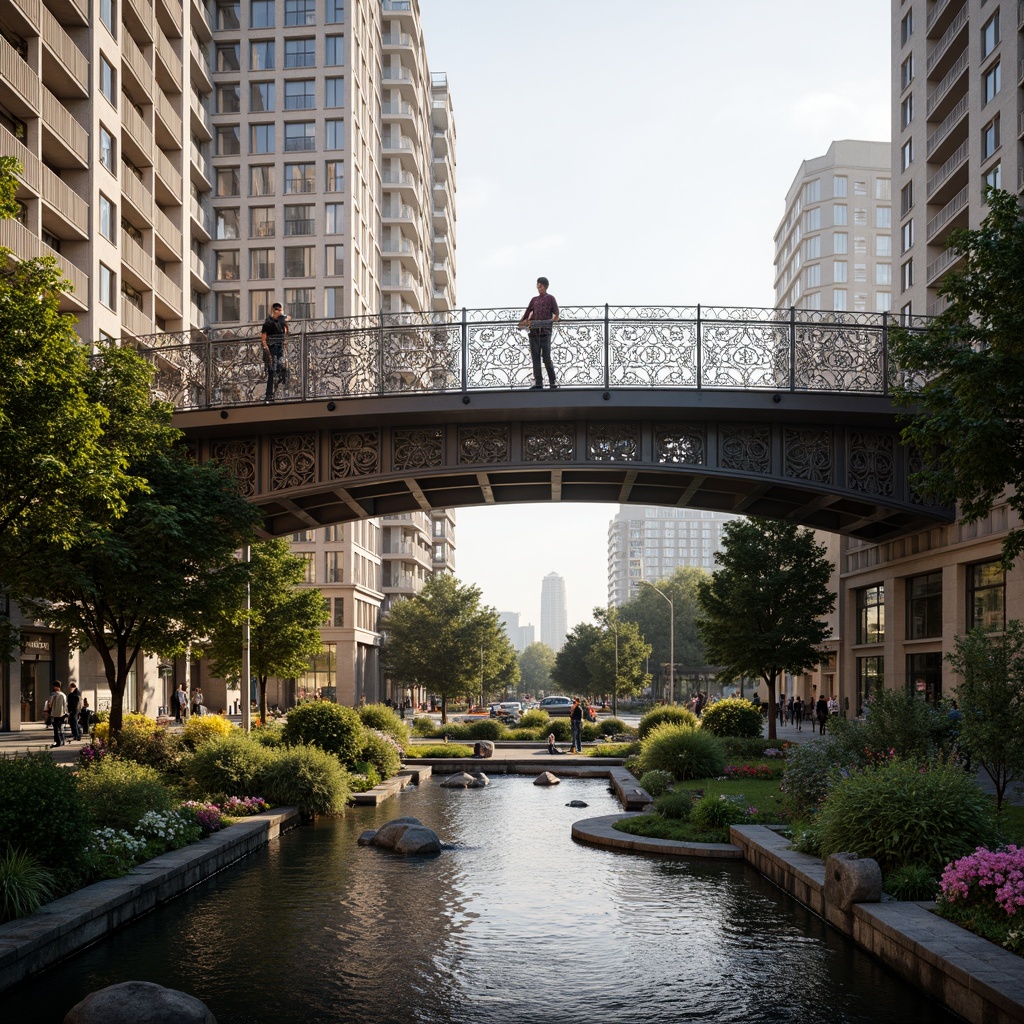 Prompt: Elegant pedestrian bridge, ornate metal railings, intricate latticework patterns, suspended walkway, LED lighting installations, flowing water features, lush greenery, blooming flowers, modern urban landscape, sunny day, soft warm lighting, shallow depth of field, 3/4 composition, panoramic view, realistic textures, ambient occlusion.