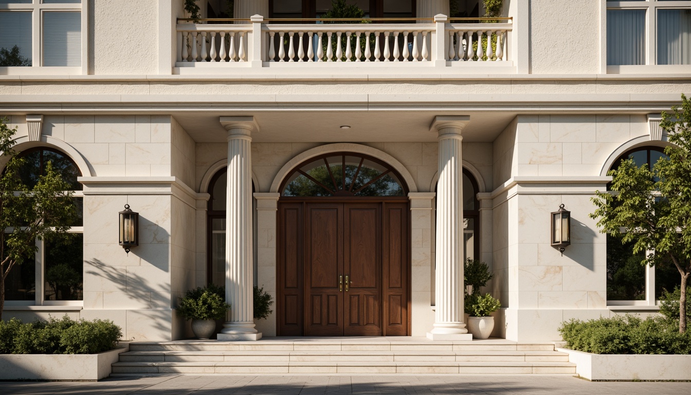 Prompt: Elegant office building, neoclassical facade, ornate details, grand entrance, ionic columns, symmetrical composition, balanced proportions, neutral color palette, cream marble walls, dark wood accents, bronze metalwork, large windows, subtle arches, refined textures, soft natural lighting, shallow depth of field, 2/3 composition, slight warm tone, realistic materials, ambient occlusion.