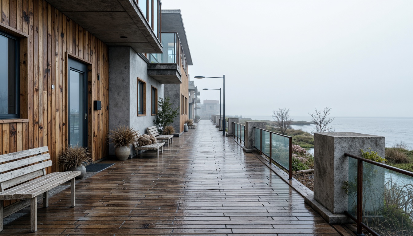 Prompt: Weathered wooden planks, rusted metal accents, salt-resistant glass railings, durable concrete foundations, ocean-inspired color palette, beachy texture patterns, driftwood decorations, sea-salt spray effects, misty atmospheric conditions, soft natural lighting, shallow depth of field, 1/1 composition, realistic weathering details, ambient occlusion.