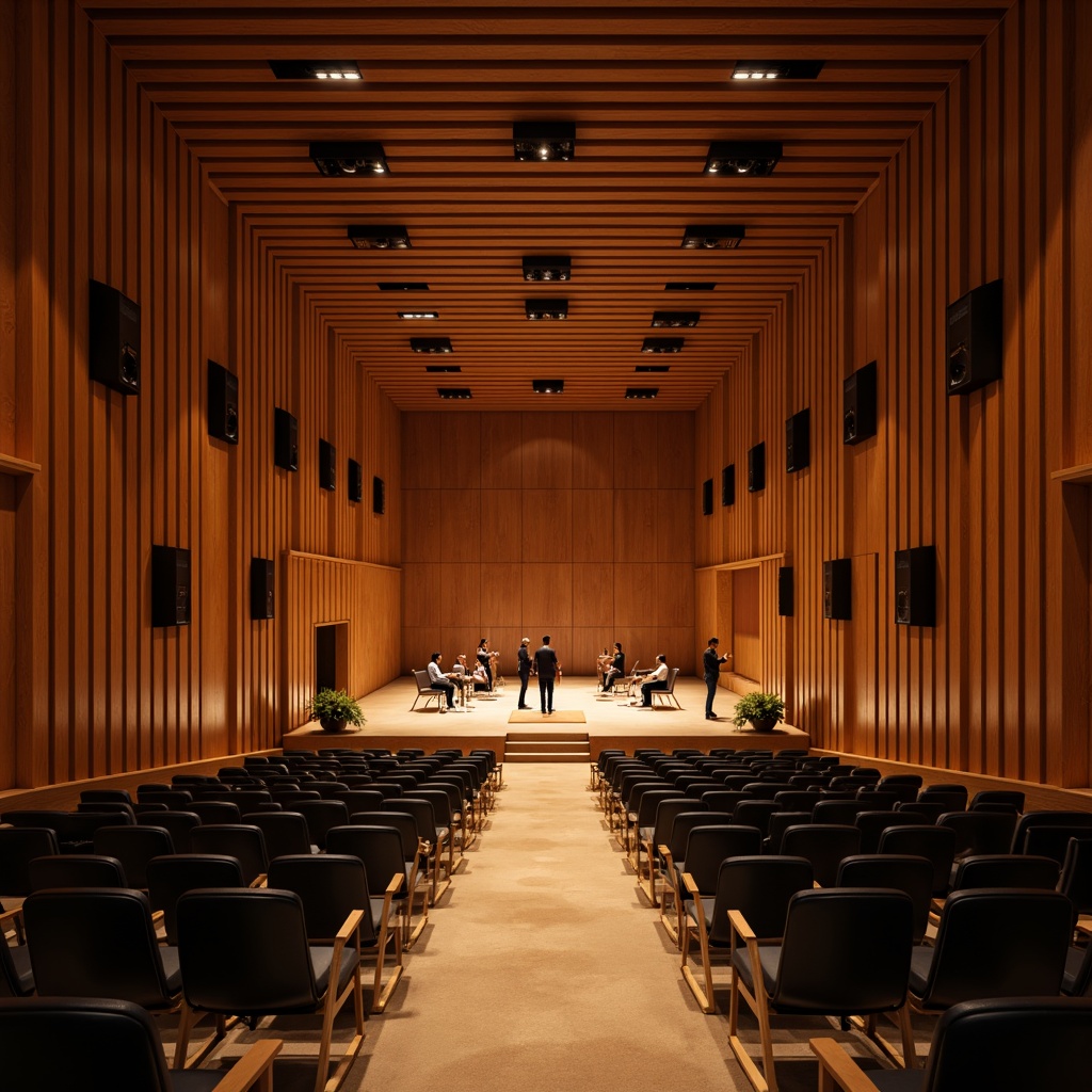 Prompt: Intimate concert hall, wooden paneling, sound-absorbing materials, curved lines, minimal ornamentation, warm color palette, comfortable seating, excellent acoustics, high-fidelity speakers, precise sound engineering, optimal reverberation time, clear vocal clarity, rich instrumental timbre, immersive audio experience, 3/4 composition, shallow depth of field, soft warm lighting, realistic textures.