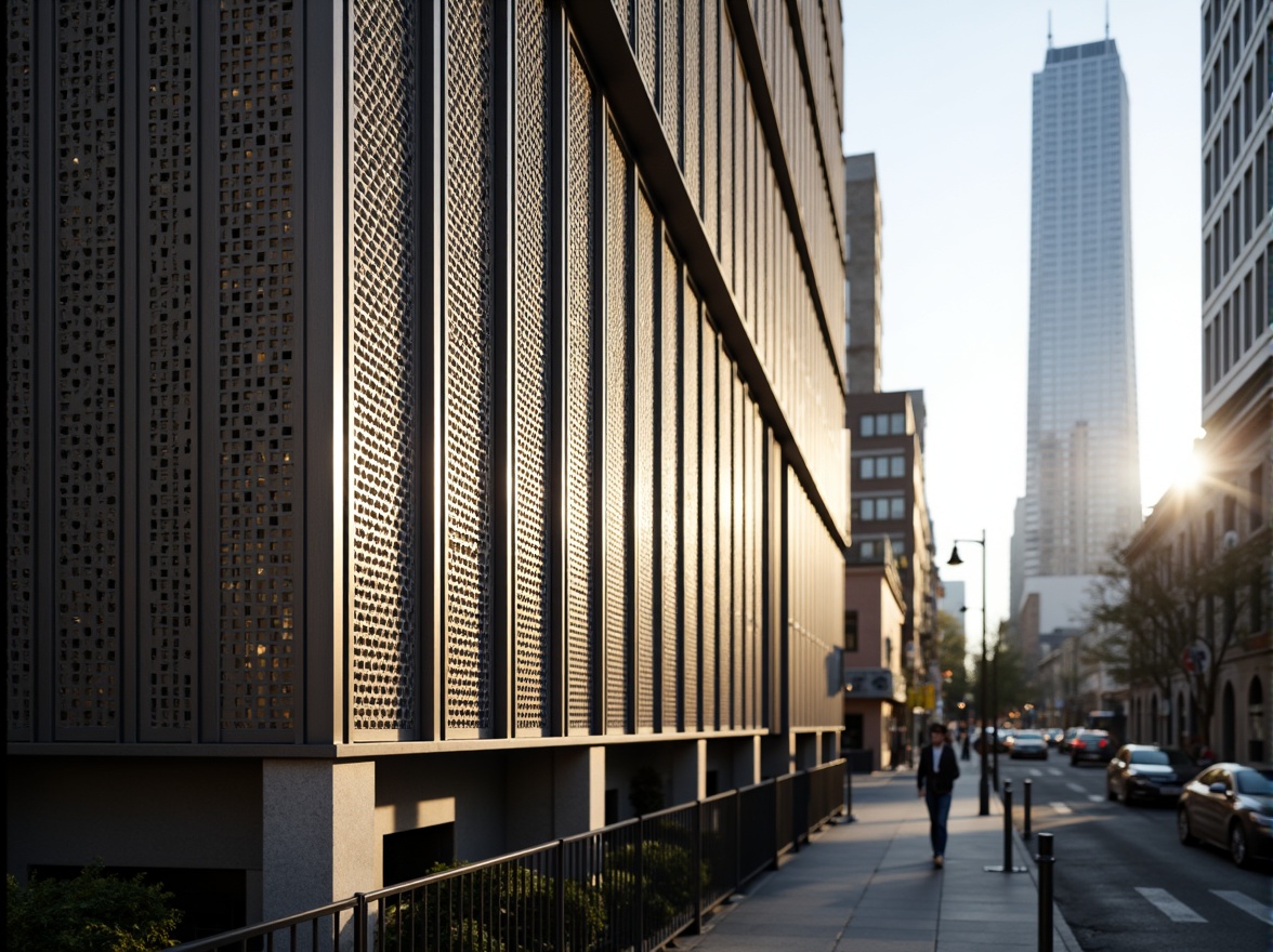 Prompt: Modern building facade, perforated metal screens, natural ventilation, filtered daylight, subtle shading, geometric patterns, industrial materials, urban cityscape, sleek skyscrapers, busy streets, morning sunlight, soft warm glow, shallow depth of field, 1/1 composition, realistic textures, ambient occlusion.