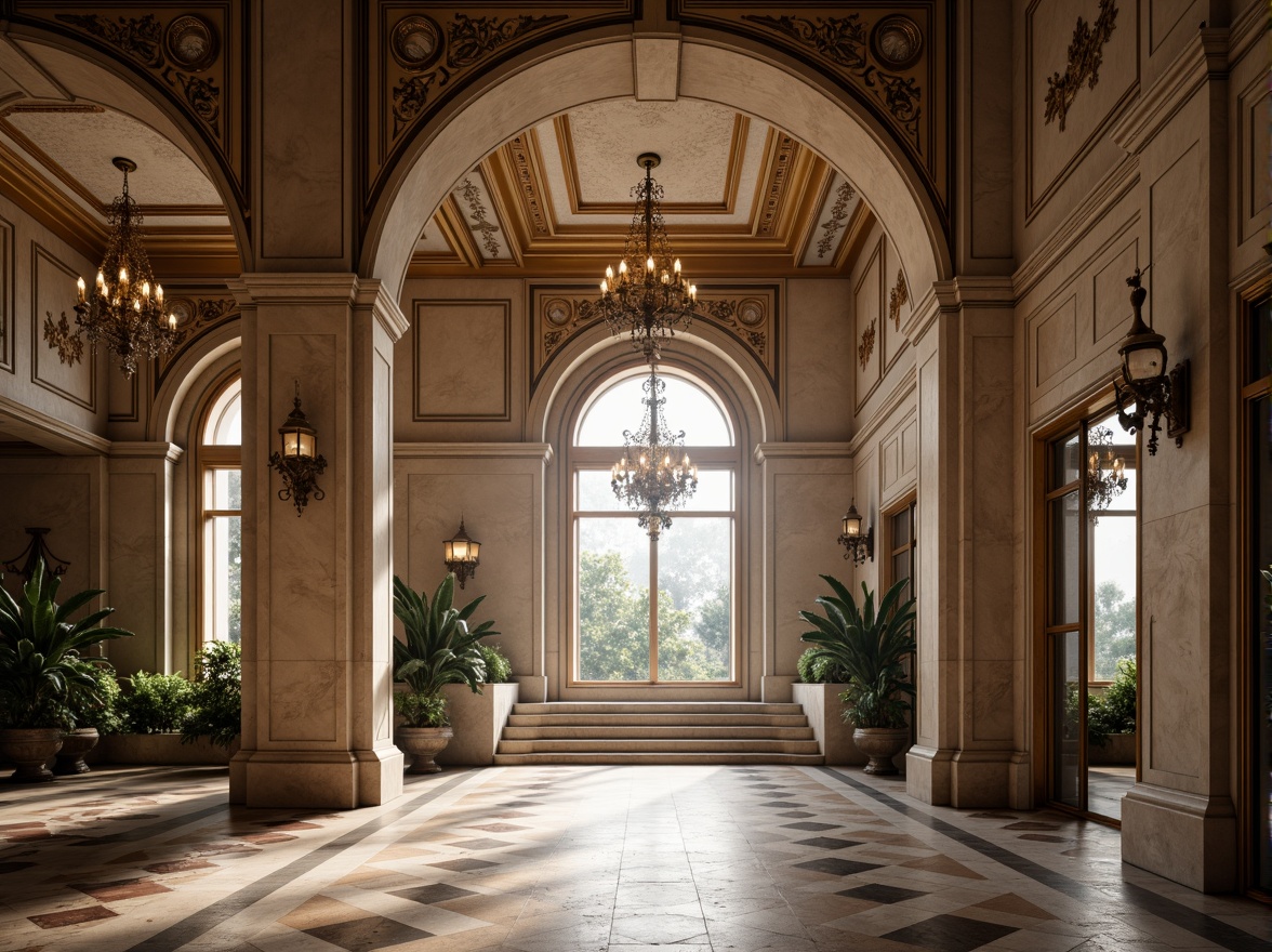 Prompt: Elegant archway, ornate carvings, refined stone columns, grand entrance, symmetrical design, luxurious marble floors, intricate ironwork, lavish chandeliers, soft warm lighting, shallow depth of field, 3/4 composition, panoramic view, realistic textures, ambient occlusion.