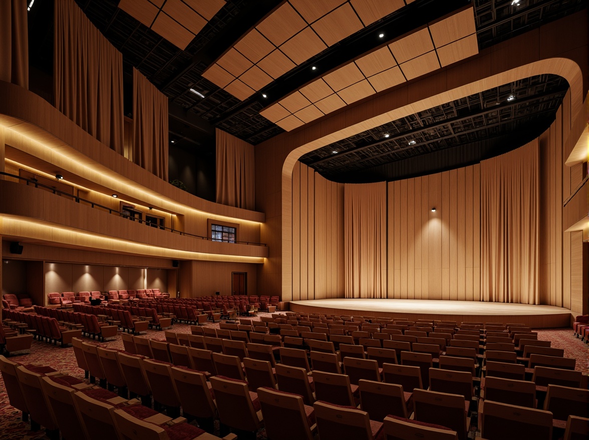 Prompt: Luxurious auditorium interior, fusion architecture style, curved lines, wooden paneling, sound-absorbing materials, tiered seating, professional lighting systems, acoustic ceiling panels, suspended speakers, minimalist stage design, rich textiles, warm color scheme, intimate atmosphere, soft diffused lighting, shallow depth of field, 1/2 composition, realistic reflections, ambient occlusion.