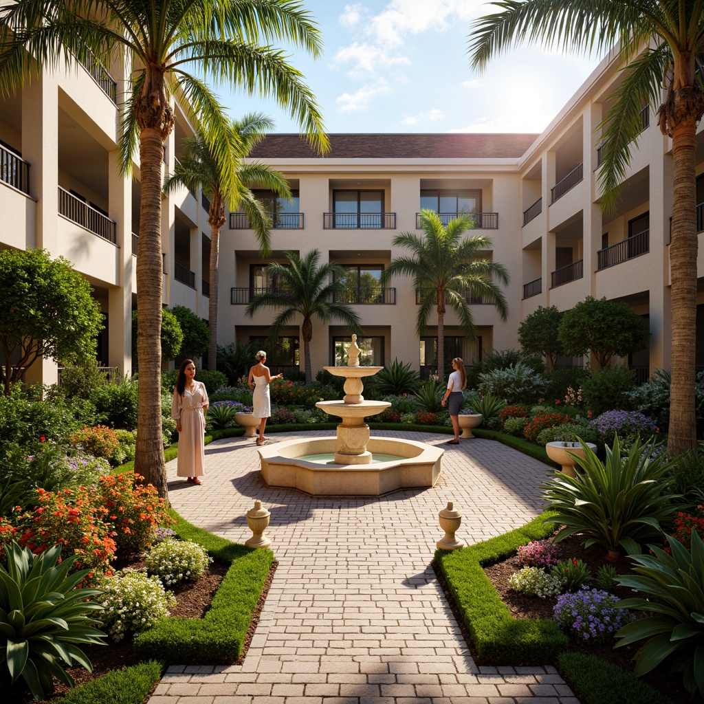 Prompt: Geometric gardens, symmetrical pathways, ornate fountains, exotic palm trees, vibrant tropical flowers, luxurious velvet lawns, decorative metal railings, ornamental lanterns, elegant stone statues, Art Deco-inspired mosaics, bold colorful planters, sun-kissed courtyards, warm golden lighting, shallow depth of field, 1/2 composition, panoramic view, realistic textures, ambient occlusion.