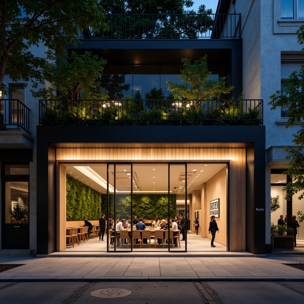 Prompt: Modern restaurant facade, floor-to-ceiling glass windows, sliding doors, minimalist metal frames, neutral color palette, wooden accents, green walls, living plants, urban street context, busy sidewalk traffic, nighttime illumination, warm ambient lighting, shallow depth of field, 1/2 composition, realistic textures, subtle reflections.