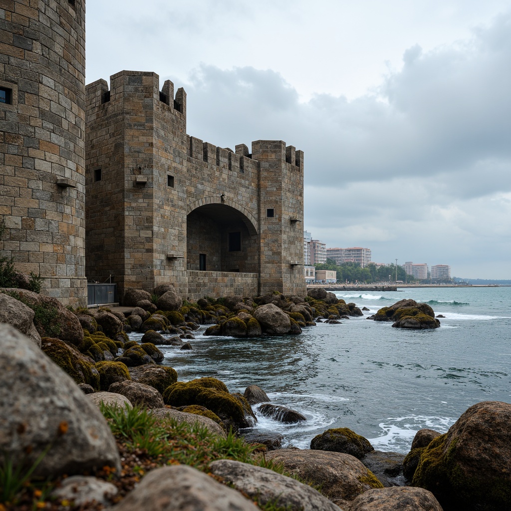 Prompt: Weathered coastal fortifications, rustic stone walls, rough-hewn granite blocks, mortar-filled joints, wave-crashing ocean scenery, salt-sprayed air, strong gusty winds, beachside promenade, sturdy piers, seaweed-covered rocks, driftwood-inspired details, natural stone textures, earth-toned color palette, durable construction materials, reinforced foundations, robust architecture, dramatic ocean views, overcast skies, moody atmospheric lighting, shallow depth of field, 1/2 composition, realistic weathering effects.