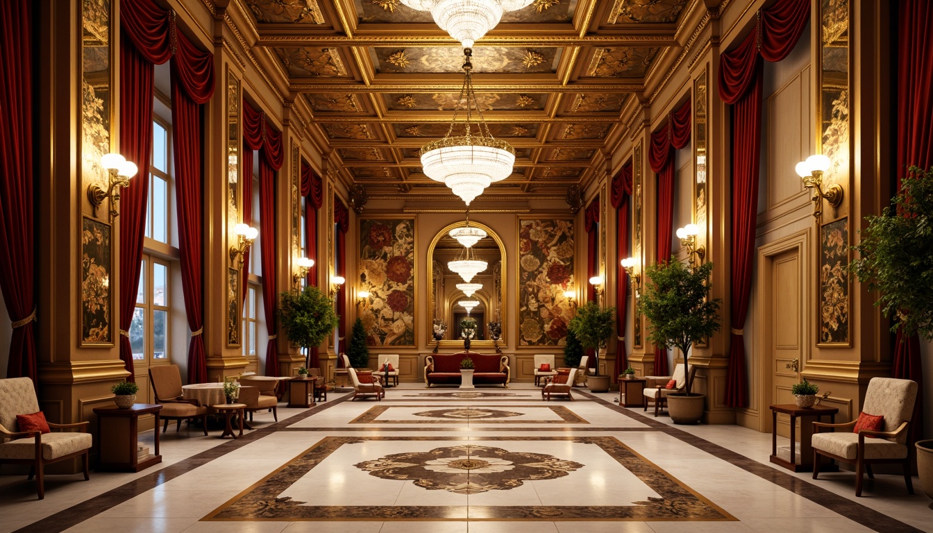 Prompt: Grandiose ballroom, ornate chandeliers, intricately carved wooden panels, gilded mirrors, lavish furnishings, velvet drapes, marble floors, ornamental moldings, decorative pilasters, acanthus leaf motifs, scrollwork details, symmetrical compositions, warm golden lighting, shallow depth of field, 1/1 composition, realistic textures, ambient occlusion.