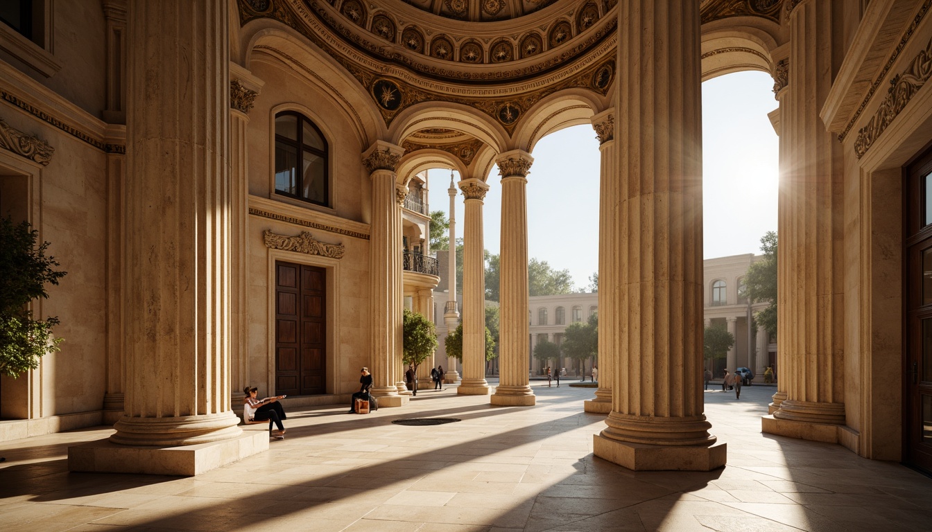 Prompt: Grandiose columns, ornate capitals, rustic stone bases, harmonious proportions, symmetrical facades, architraves, entablatures, classical orders, Corinthian pilasters, Tuscan pillars, grand entranceways, imposing pediments, majestic domes, refined stucco textures, warm golden lighting, subtle shadows, dramatic perspective views, 1/2 composition, atmospheric mist effects.