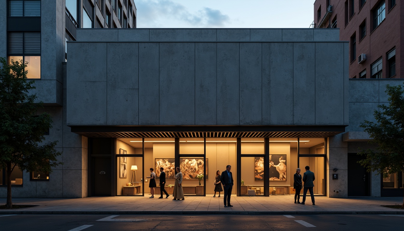 Prompt: Simple theater facade, minimalist architecture, clean lines, monochromatic color scheme, industrial materials, exposed concrete walls, steel beams, subtle lighting, dramatic shadows, urban cityscape, evening atmosphere, warm golden lighting, shallow depth of field, 1/1 composition, realistic textures, ambient occlusion.