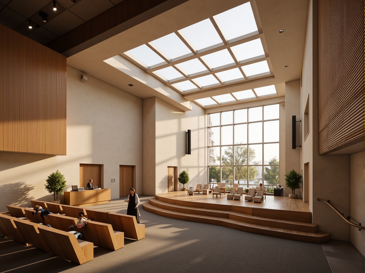 Prompt: Grand auditorium, fusion design elements, natural light pouring in, large skylights, high ceilings, wooden accents, minimalist chairs, curved stage, professional lighting systems, subtle color palette, warm beige tones, soft shadows, gentle illumination, 1/2 composition, cinematic perspective, shallow depth of field, realistic textures, ambient occlusion.