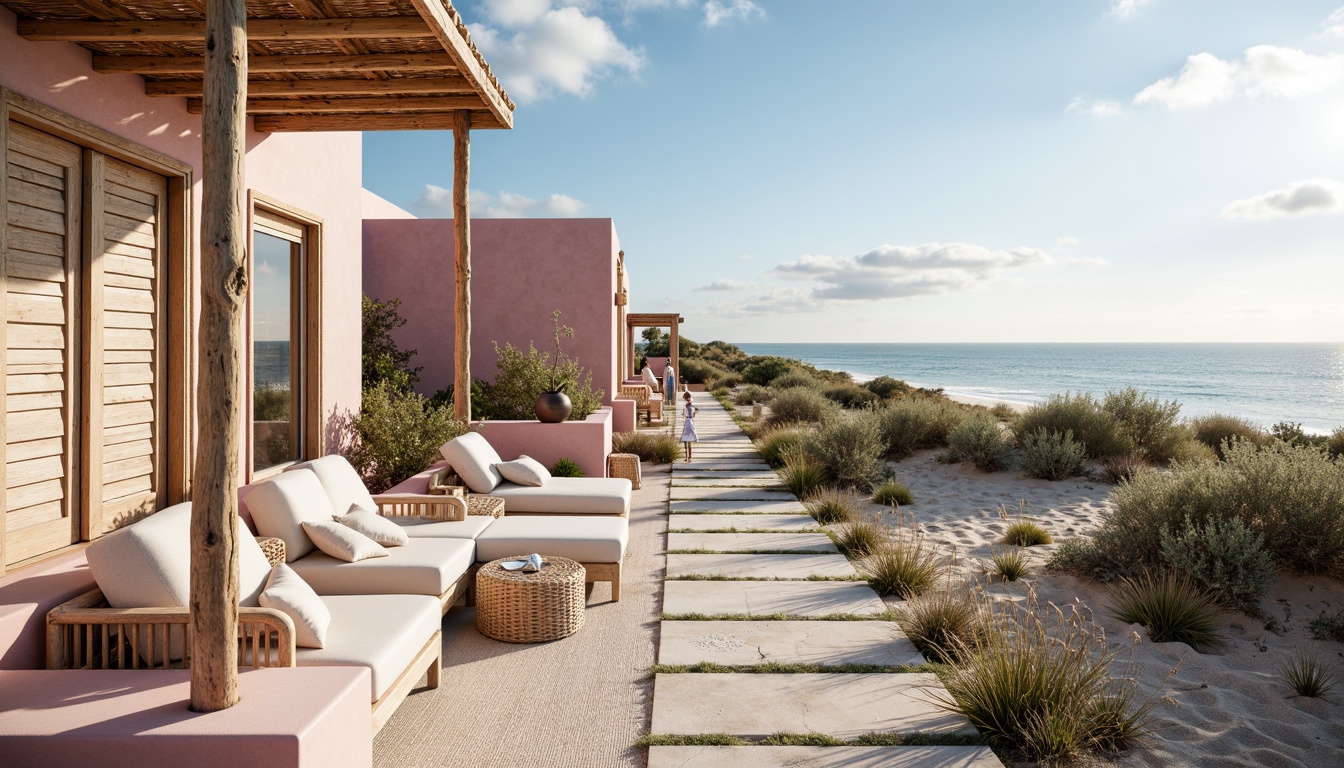 Prompt: Mauve-hued beachside villas, driftwood accents, sea-salt weathered walls, soft sandy dunes, coastal vegetation, ocean breeze, warm sunny days, shallow depth of field, 1/1 composition, realistic textures, ambient occlusion, natural stone pathways, woven rattan furniture, nautical rope details, distressed wood shutters, pastel-colored ceramics, linen upholstery, coral-inspired patterns, gentle wave motions.