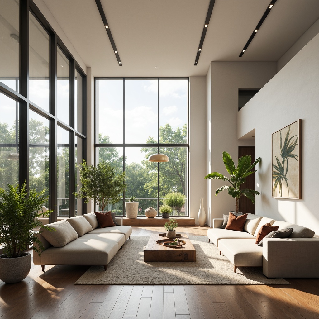 Prompt: Minimalist living room, open floor plan, high ceilings, large windows, sliding glass doors, natural light pouring in, airy atmosphere, comfortable sofas, geometric-shaped coffee tables, lush greenery, potted plants, wooden flooring, modern furniture, sleek lines, neutral color palette, abstract artwork, pendant lighting, soft warm glow, shallow depth of field, 1/1 composition, realistic textures, ambient occlusion.