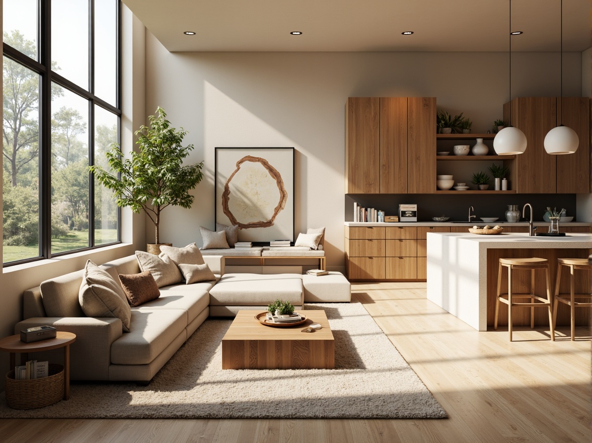 Prompt: Cozy living room, warm beige walls, plush sectional sofa, wooden coffee table, floor-to-ceiling windows, natural light, airy atmosphere, modern minimalist decor, functional storage units, sleek kitchen island, high-gloss countertops, stainless steel appliances, comfortable reading nook, built-in bookshelves, soft area rug, calming color palette, 1/1 composition, realistic textures, ambient occlusion.